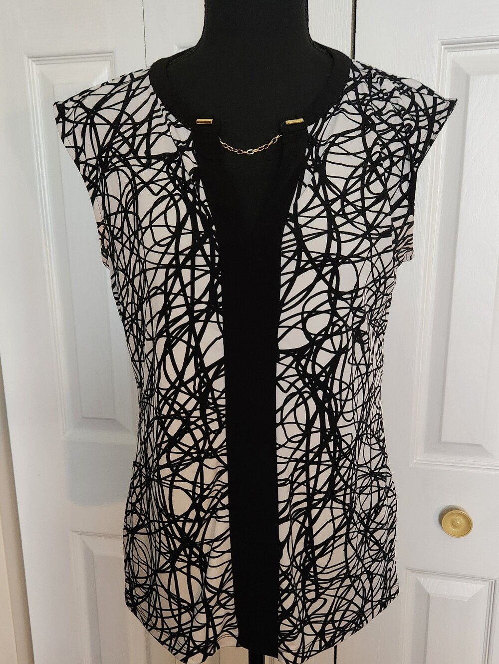 Calvin Klein Black & White Scribble-Print Cap-Sleeve Top with Gold Accent